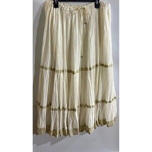 YASB Women's Ivory Solid A-Line Midi Skirt Elastic Waist Drawstring Buttons M